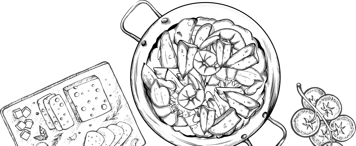 Paella, tabla de quesos , tomates y especias