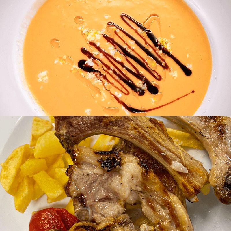 Platos variados. Uno de crema de verduras y otro de chuletillas de cordero con patatas y pimientos